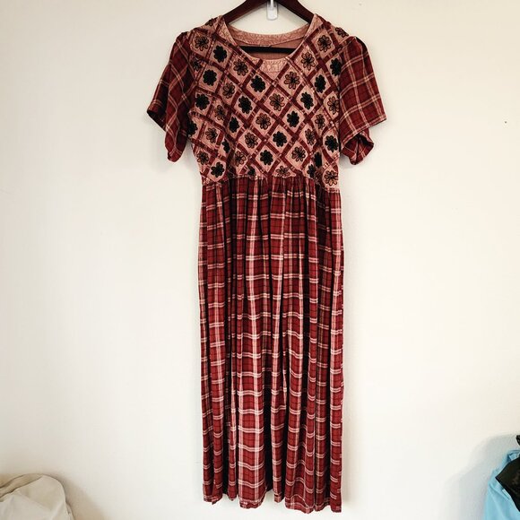 Vtg Embroidered Tie Dye Plaid Empire Waist Short Sleeve Maxi Dress Sz S Boho Y2K - Picture 1 of 16